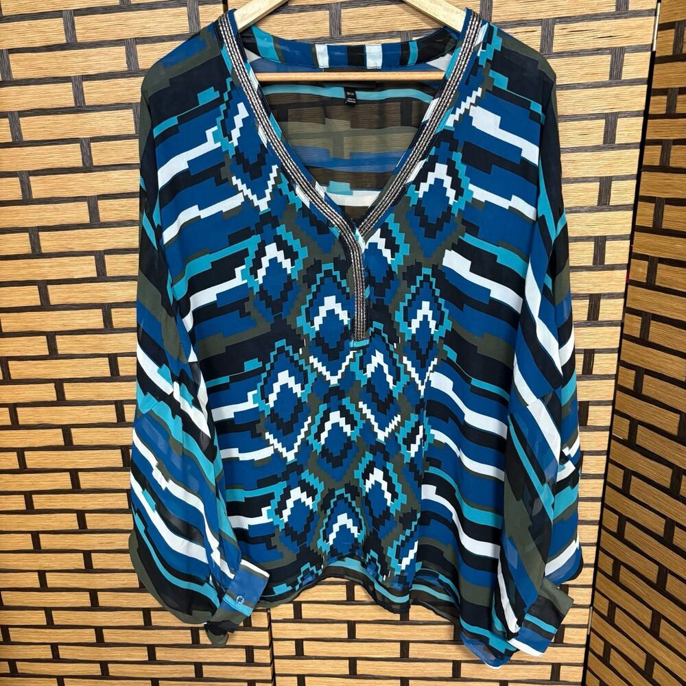 Lane Bryant Blue And Black Sheer Beaded Neckline Drop Shoulder Blouse Size 18/20